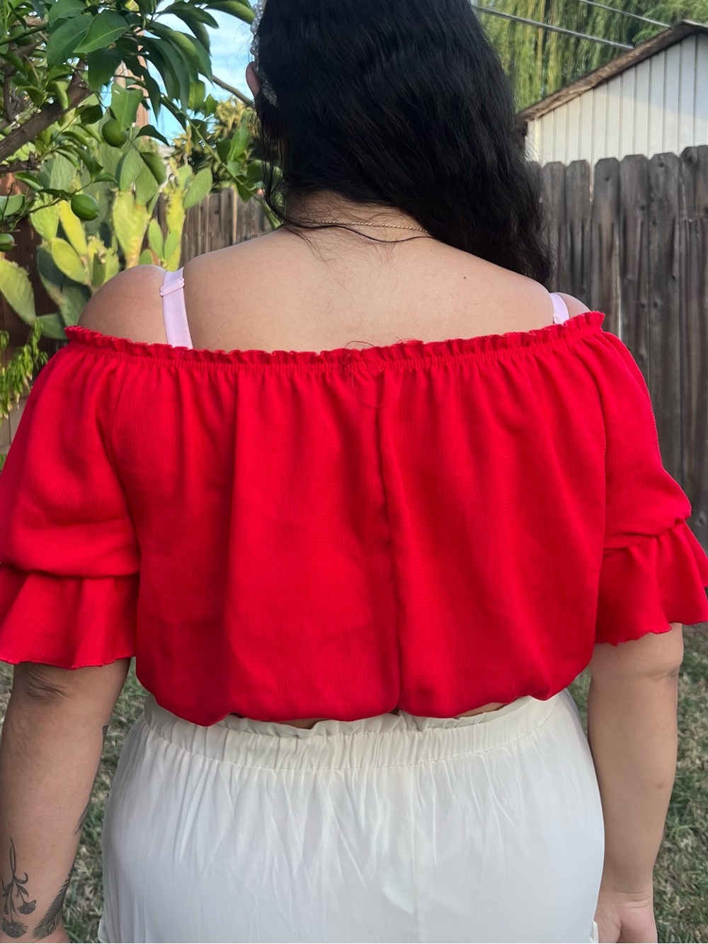 Red Off-Shoulder Ruffle Crop Top - Picture 4 of 4